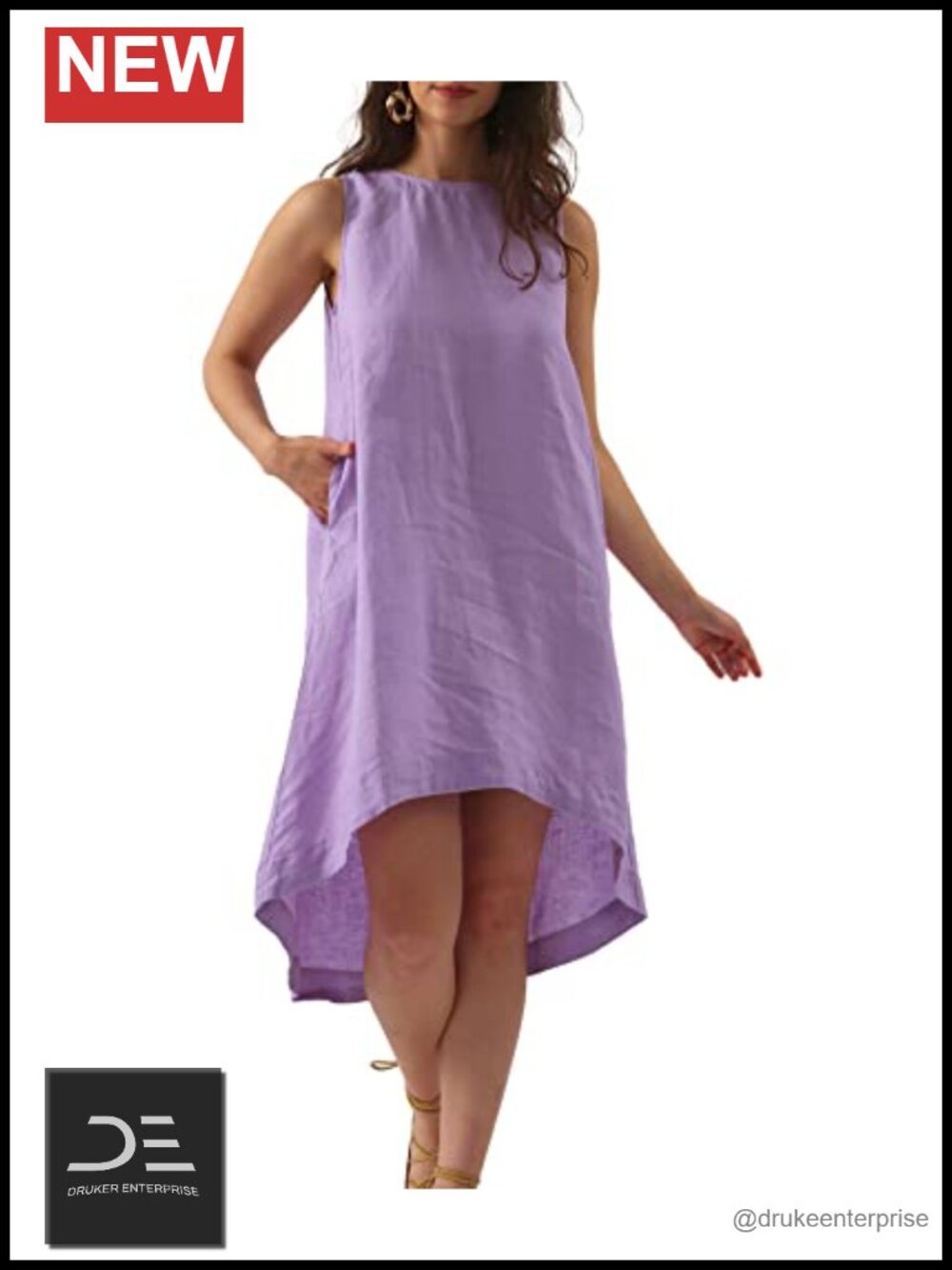 Women's 100% Linen High Low Midi Dress with Pocket